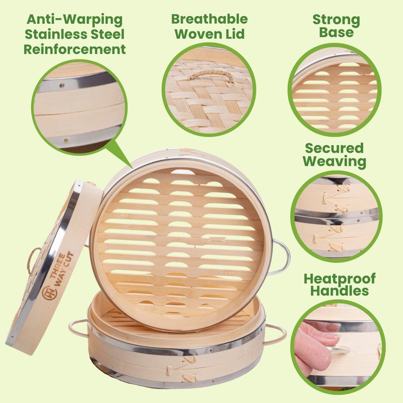 THREE WAY CUT Dumpling Bamboo Steamer 10 Inch 2 Tier Wooden Basket With Handle, Ring Adapter, Reusable Silicone Liner, Kit For Cooking Baby Bao Bun, Dim Sum, Rice Potsticker Steaming Chinese Asian Food & Vegetables - Image 3