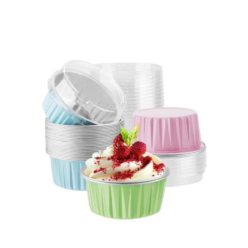 SOLARAE Disposable Foil Ramekins with Lids, 30pcs 5oz 125ml Aluminum Foil Muffin Liners Cupcake Baking Cups, Mini Pie Pans with Lids, Disposable Foil Baking Cups Containers for Creme Brulee - Image 1
