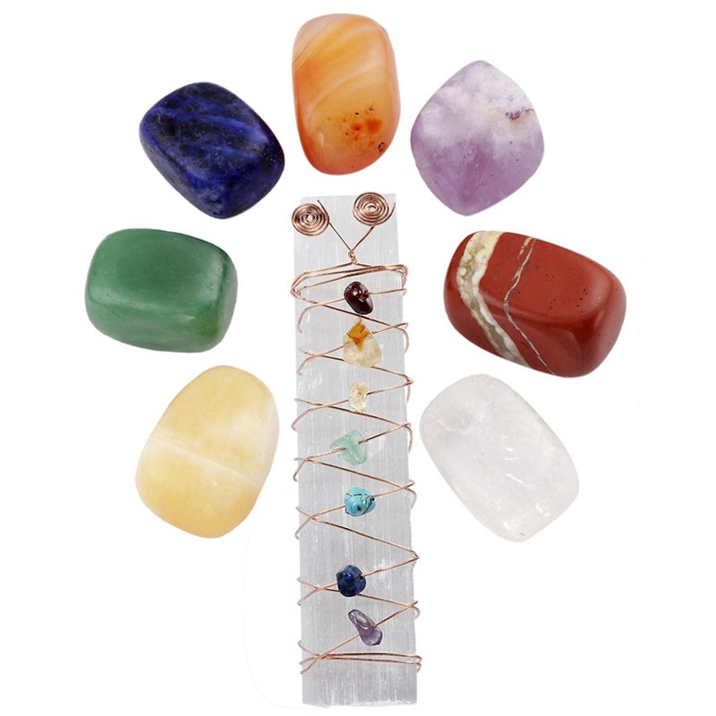 mookaitedecor Healing Crystals Set7 Chakra Stones  Crystal Selenite Wand Wire Wrapped Tumbled Chip Stone Kits for ReikiBalancing