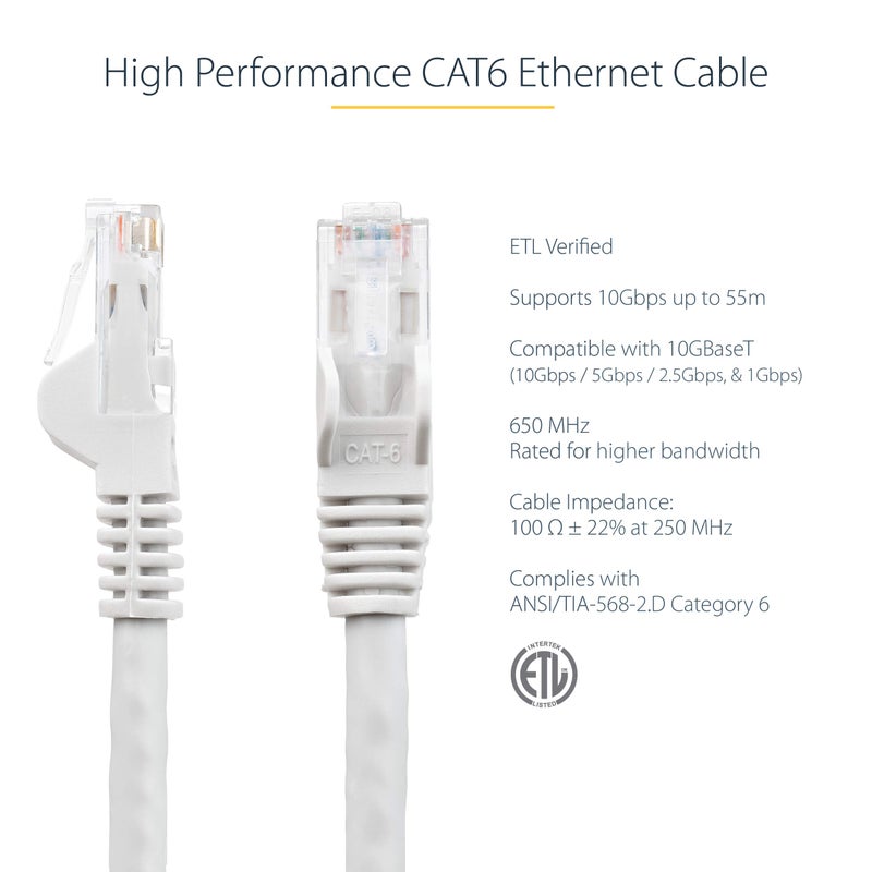 StarTech.com 3ft CAT6 Ethernet Cable - White CAT 6 Gigabit Ethernet Wire -650MHz 100W PoE RJ45 UTP Network/Patch Cord Snagless w/Strain Relief Fluke Tested/Wiring is UL Certified/TIA (N6PATCH3WH) - Image 2