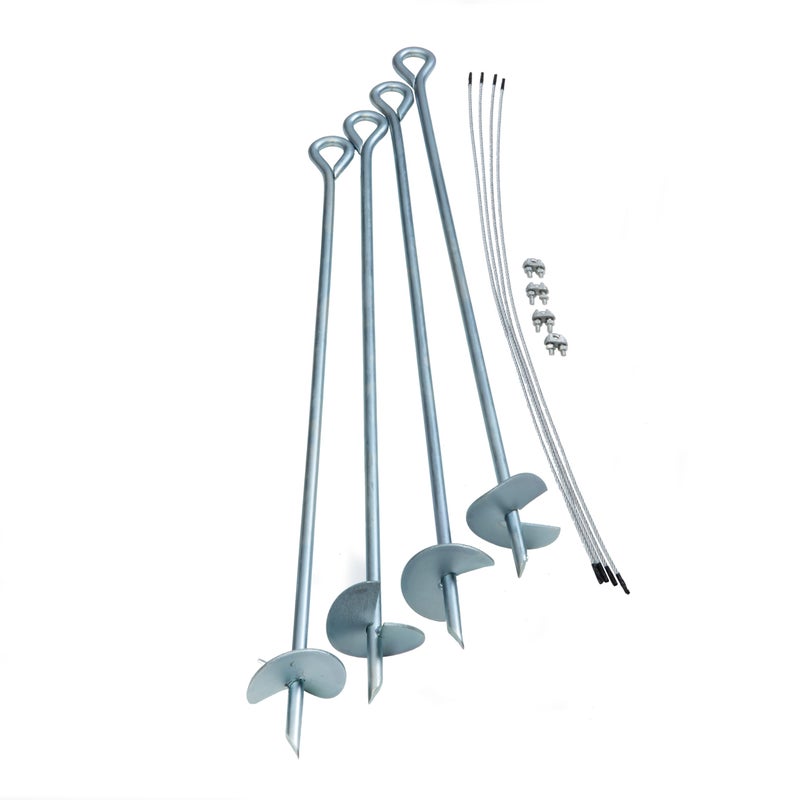 ShelterLogic ShelterAuger 4Piece 30Inch Reusable Heavy Duty Steel Earth Auger Anchor Kit with 4 Clampon Wire TieDowns for Anchoring Shelters Canopies and Instant Garages Silver