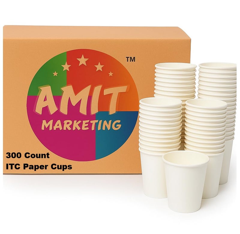 Amit Marketing 200 ml Disposable White Paper Cups, Use & Throw Plain Drinking Glasses for Hot & Cold Beverages, Eco-Friendly & Leak-Proof for Office, Home, Office, Party & Wedding Events (300 Piece) - Image 1