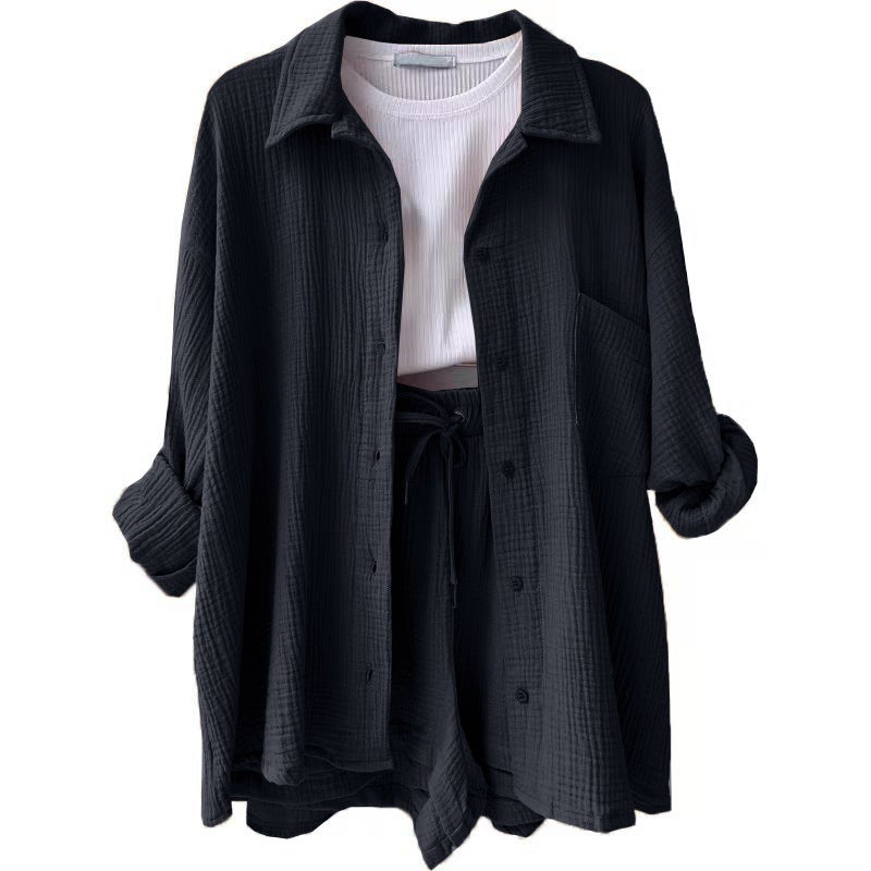 2024 Amazon European and American womens ruffle lapel long sleeve shirt high waist drawstring shorts fashion casual two-piece set Dark gray 