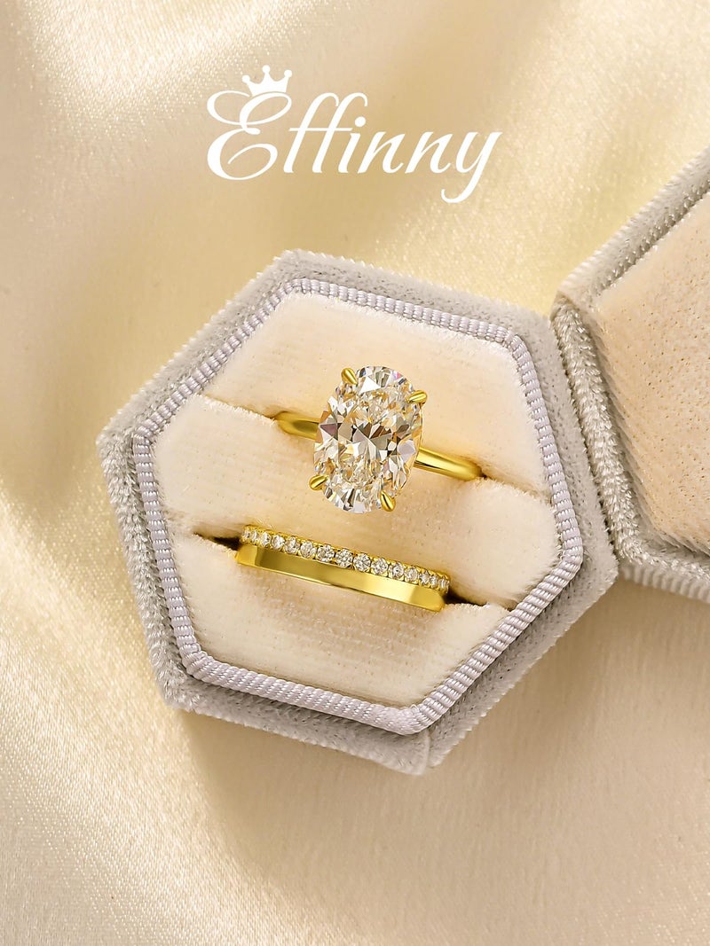 Effinny 5.5ct Oval Wedding Ring Set for Women,2PCS 925 Silver Match Engagement Ring Set (14K Gold Plated, 6) - Image 2