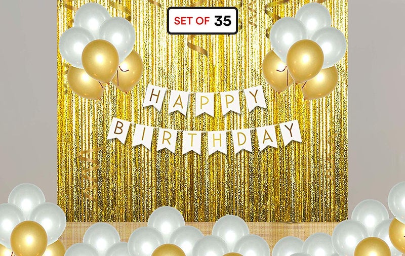 SOI Balloons For Birthday Decoration | White And Gold Balloons For Decoration | Decoration Items For Birthday Party | Gold Balloons For Decoration | Gold Curtains For Decoration - Image 1
