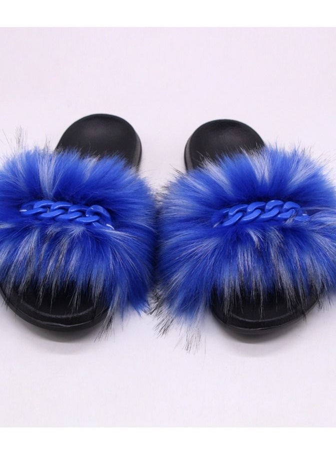 Loquat Stylish Women Faux Fur Open Toe Flat Color Chain Slippers 
