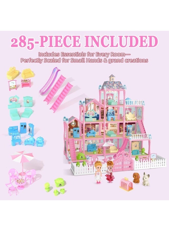 Moonmen Doll House Pretend Toys for Girls, 4 Floors Dollhouse - 13 Rooms Villa, 285 Accessories Includes Dog and Furnitures, Playhouse DIY Building Kids Gift for 3 + Year Old - Image 2