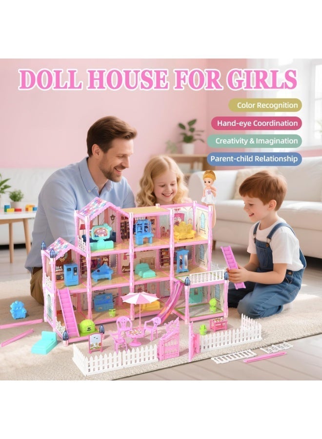 Moonmen Doll House Pretend Toys for Girls, 4 Floors Dollhouse - 13 Rooms Villa, 285 Accessories Includes Dog and Furnitures, Playhouse DIY Building Kids Gift for 3 + Year Old - Image 4