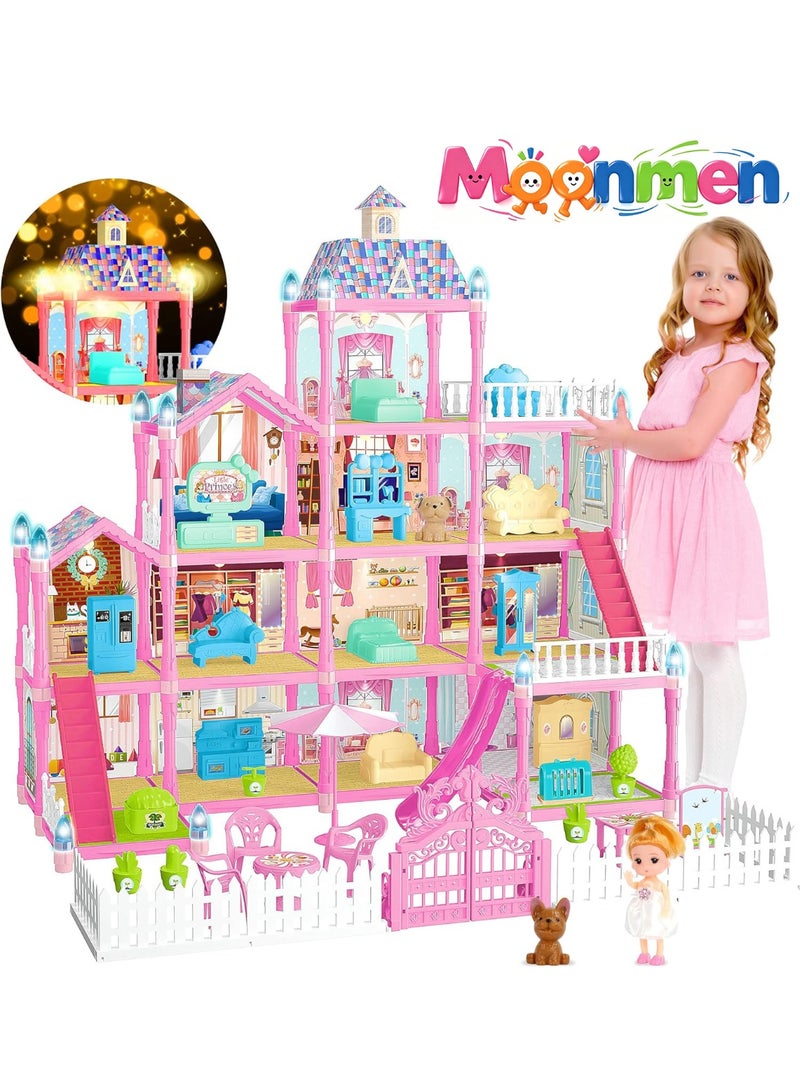 Moonmen Doll House Pretend Toys for Girls, 4 Floors Dollhouse - 13 Rooms Villa, 285 Accessories Includes Dog and Furnitures, Playhouse DIY Building Kids Gift for 3 + Year Old - Image 1