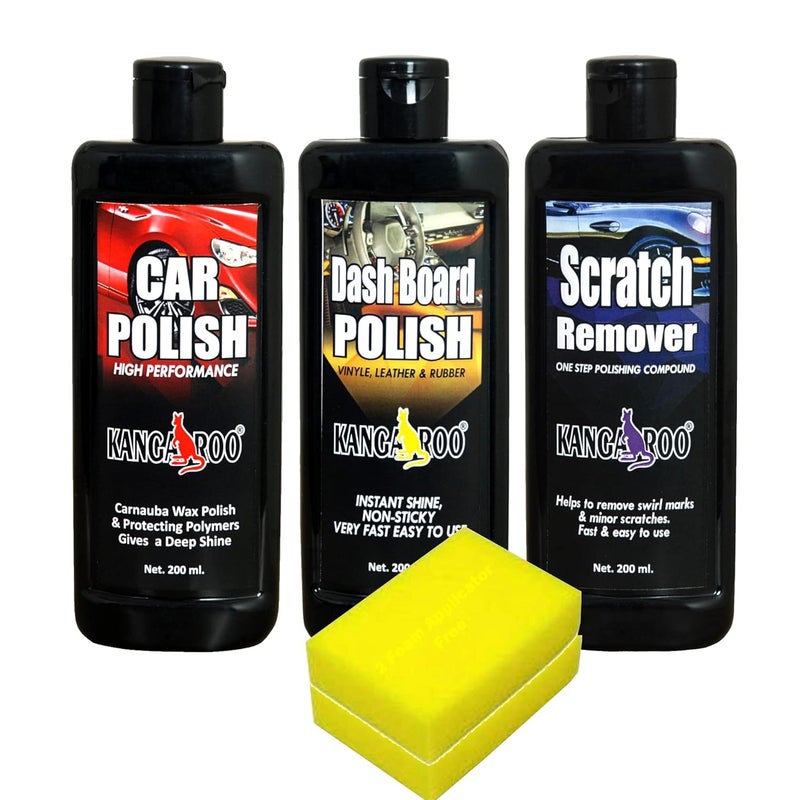 Kangaroo® Car Care Kit (Car Polish + Dashboard Polish + Scratch Remover) 200 ML Each + 2 Sponge Fast and Easy to Use - Image 1