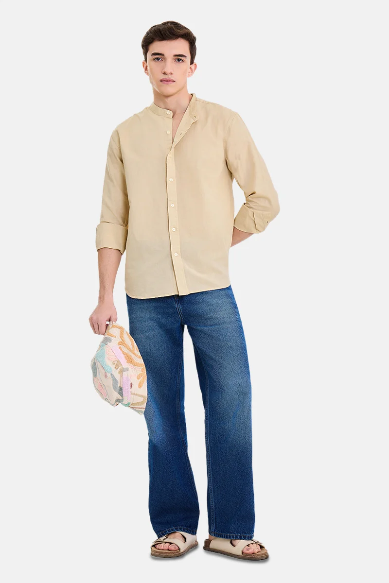 SNITCH Beige Solid Long Sleeve Regular Fit Shirt