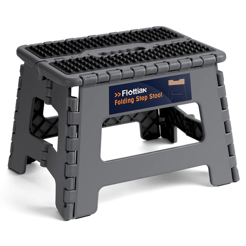 Flottian 9 Folding Step Stool for Adults and Kids Holds Up to 300 lbsNonSlip Folding Stools with Portable Handle Compact Plastic Foldable Step Stool for BathroomBedroom Kitchen Gray