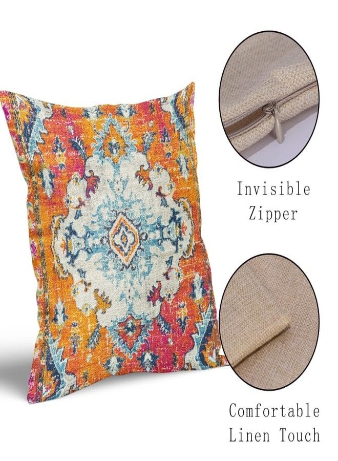 aportt Orange Teal Boho Vintage Pillow Covers 18X18 Inch Bohemian Carpet Print Decorative Pillow Cases Antique Ethnic Indian Rust Throw Pillows Set of 2 Farmhouse Home Decor For Sofa Couch Porch Outdoor - Image 3