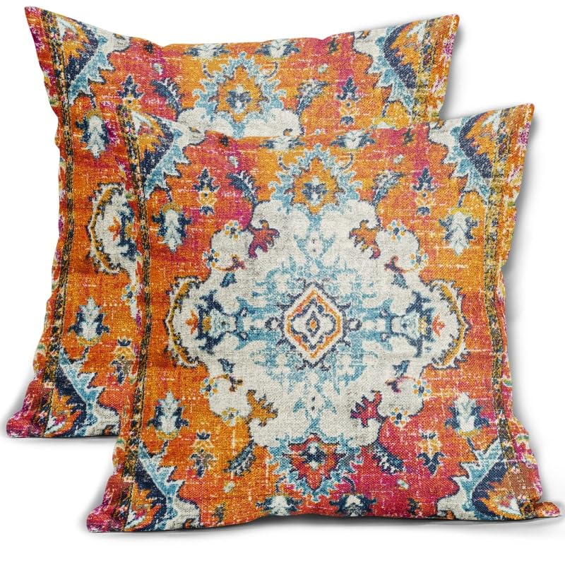 aportt Orange Teal Boho Vintage Pillow Covers 18X18 Inch Bohemian Carpet Print Decorative Pillow Cases Antique Ethnic Indian Rust Throw Pillows Set of 2 Farmhouse Home Decor For Sofa Couch Porch Outdoor - Image 1