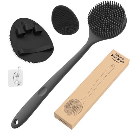 Manmihealth Silicone Back Scrubber Thick Bristles Bath Glove Face Brush Set3PCS SuperExfoliating Lathering Body Scrubber Shower Brush Face Scrubber Combination with a Free HookBlack