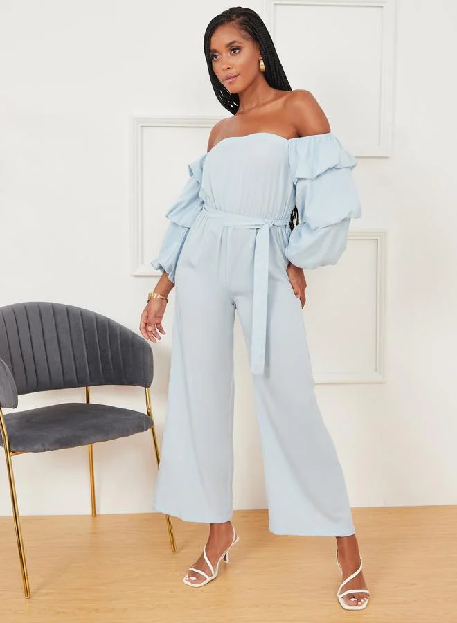 Off Shoulder Wide Leg Jumpsuit with Tie Belt