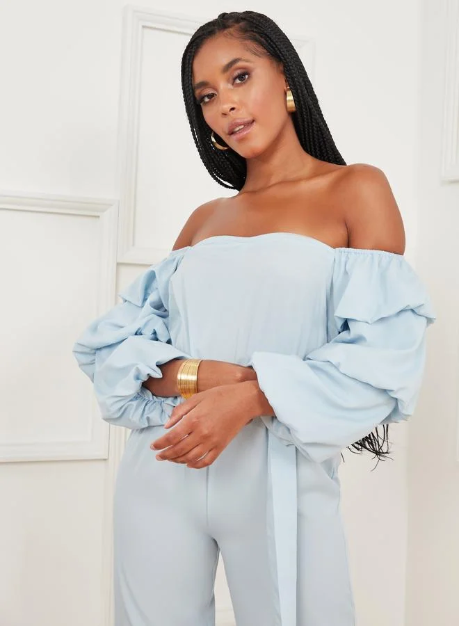Closet Off Shoulder Wide Leg Jumpsuit with Tie Belt