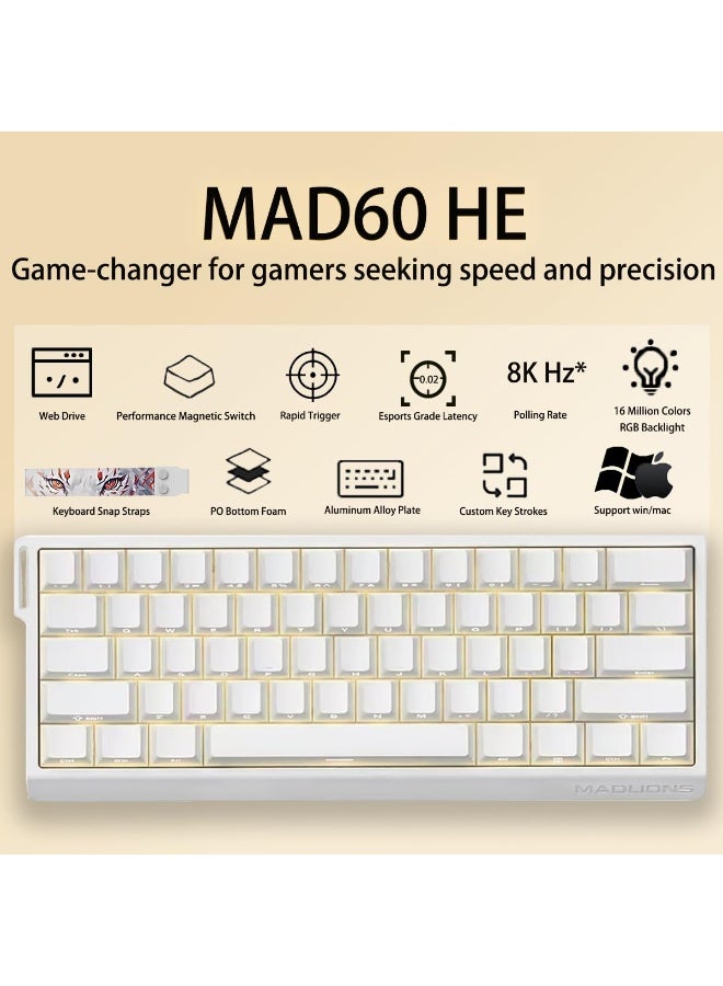 مادليونس لوحة مفاتيح ميكانيكية سلكية MAD60HE RGB بمفتاح مغناطيسي 60% مع تشغيل قابل للتعديل، معدل تصويت 8000 هرتز، وضع التشغيل السريع، مفاتيح تأثير هول، لأجهزة الكمبيوتر/ماك، لون أبيض - Image 2