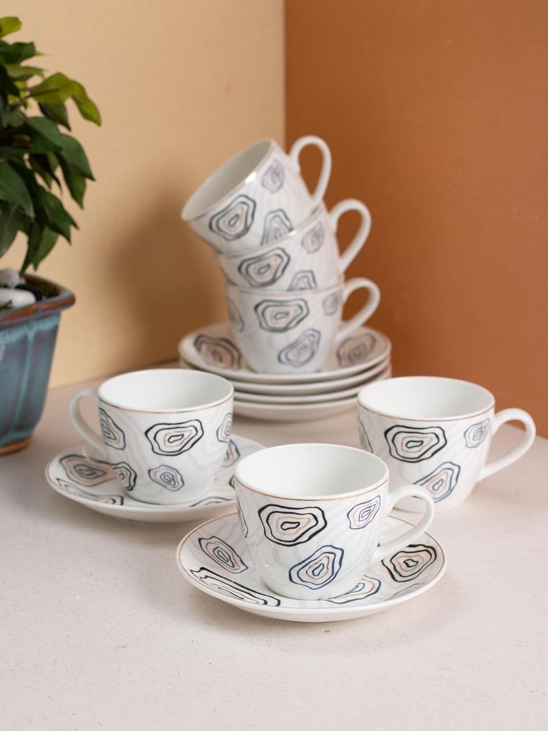 JCPL Fine Ceramic Printed Cup Saucer Set of 12 6 Cups 6 Saucers 180 ml Each Cream POSH D405 - Image 1