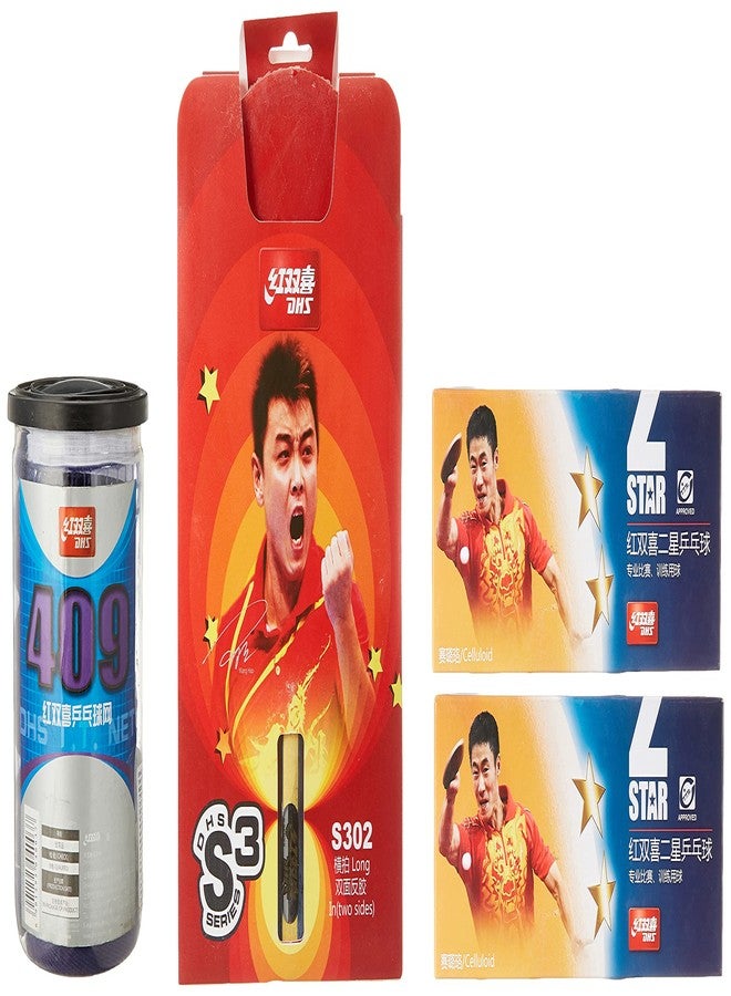 دي إتش أس مضرب تنس خشبي DHS طراز S-S302 مع كرة تنس 40 مم، نجمتان، برتقالي (علبة من 20 قطعة) (أسود/أزرق) TT NET409 - Image 3