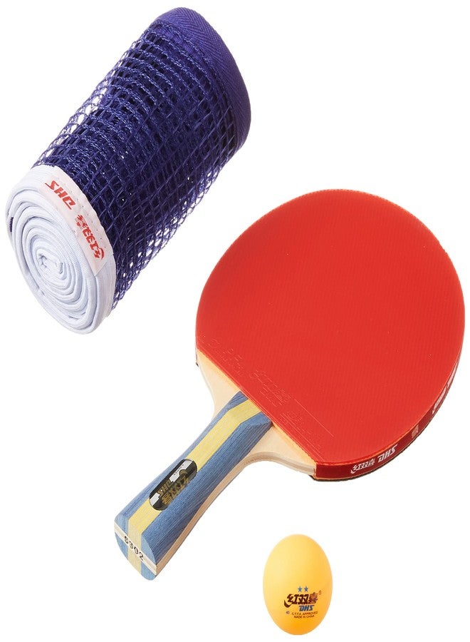 دي إتش أس مضرب تنس خشبي DHS طراز S-S302 مع كرة تنس 40 مم، نجمتان، برتقالي (علبة من 20 قطعة) (أسود/أزرق) TT NET409 - Image 1