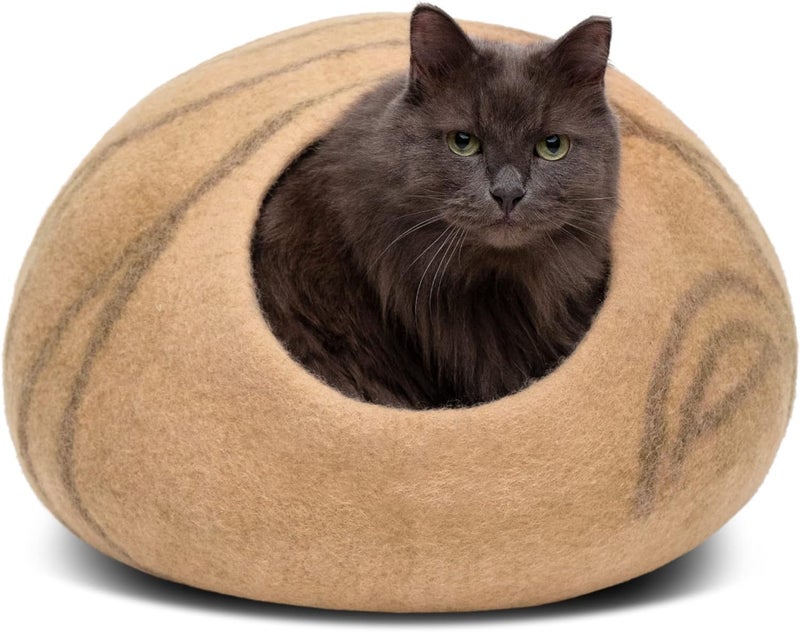 MEOWFIA Cat Cave – Premium Felt Cat Bed for Indoor Cats, Handmade 100% Merino Wool (Beige, Large) - Image 1