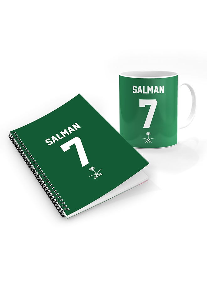 Stylizedd Designer Printed Coffee Mug + A5 Spiral Notebook Memo Notepad Journal Personalised Combo Gift Set Football Team - Saudi Arabia,Salman