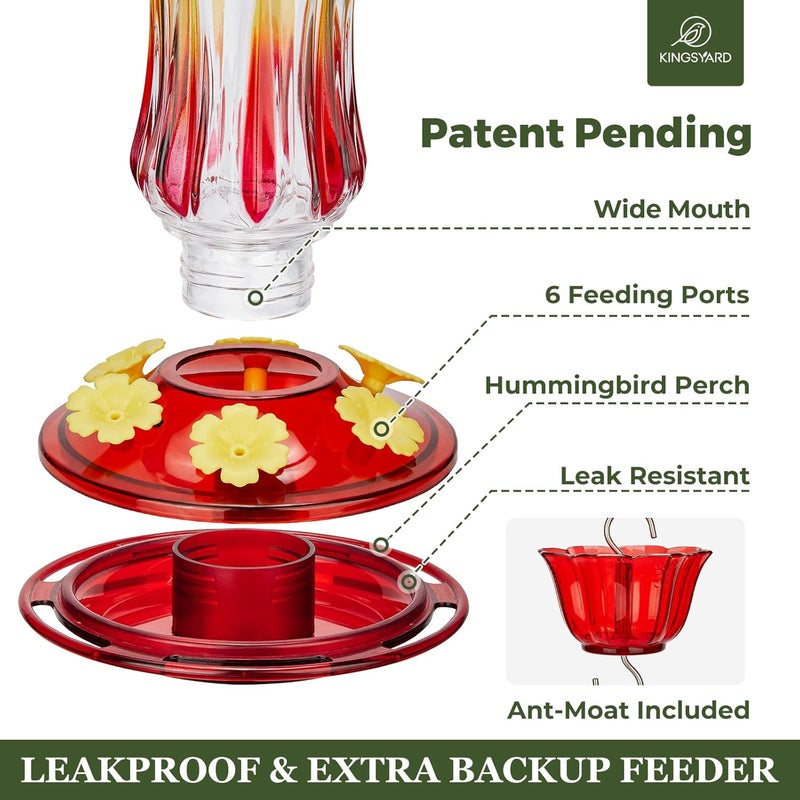 Kingsyard Hummingbird Feeder for Outdoors Hanging, 25 Ounces, Glass Humming Bird Nectar Feeder with Ant Moat & 6 Feeding Ports, Leak Proof, Red - Image 5