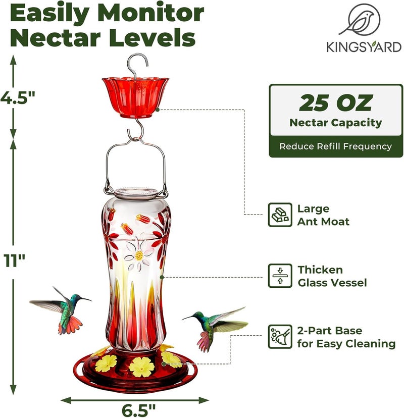 Kingsyard Hummingbird Feeder for Outdoors Hanging, 25 Ounces, Glass Humming Bird Nectar Feeder with Ant Moat & 6 Feeding Ports, Leak Proof, Red - Image 3