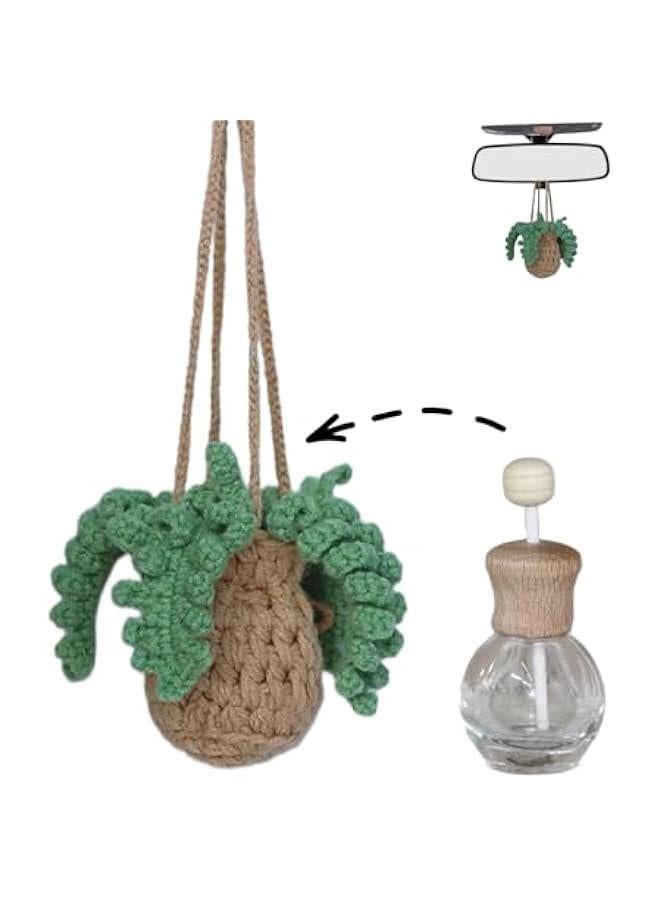 Generic Handmade Crochet Hanging Car Air Freshener - Botanical Fern Leaf Design with 12ml Refillable Glass Essential Oil Bottle, Long-Lasting Car Diffuser & Nature-Inspired Decor  - Image 1