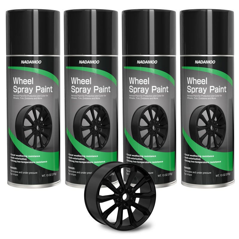 NADAMOO Aluminum Wheel Spray Paint Car Rim Aerosol Paint for Recolor and Protection of Metal Surface Semigloss Black 4 Cans 13 Oz Per Can