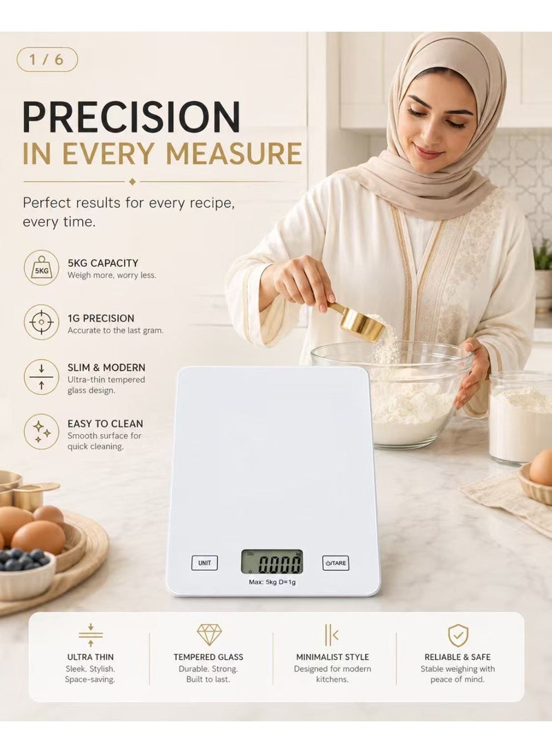 ميزان مطبخ رقمي عالي الدقة 5 كجم/1 غرام، ميزان زجاجي للأغذية مزود بشاشة LCD بإضاءة خلفية، متعدد الوظائف لقياس الوزن بالجرام والأوقية، مناسب للطهي والخبز واتباع النظام الغذائي وإعداد الوجبات - Image 2