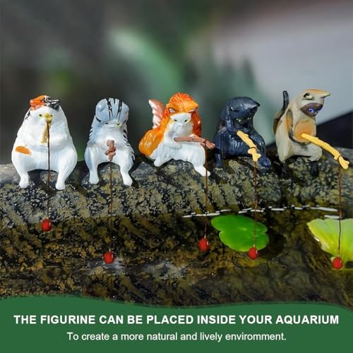 Qpets® Fish Tank Accessories, Cartoon Cat Figurines Fishing Kitty PVC Mini Sculptures Desk Decor & Aquarium Ornaments (5-Pack) - Image 2