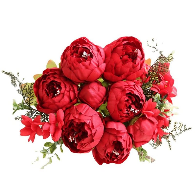 Corkwaw 10 رؤساء الفاوانيا الزهور الاصطناعية 17-1/2 "" الطويل خمر الحرير باقة الفاوانيا الفاوانيا للمنزل حديقة الديكور ديكورات الزفاف (الأحمر) - Image 1