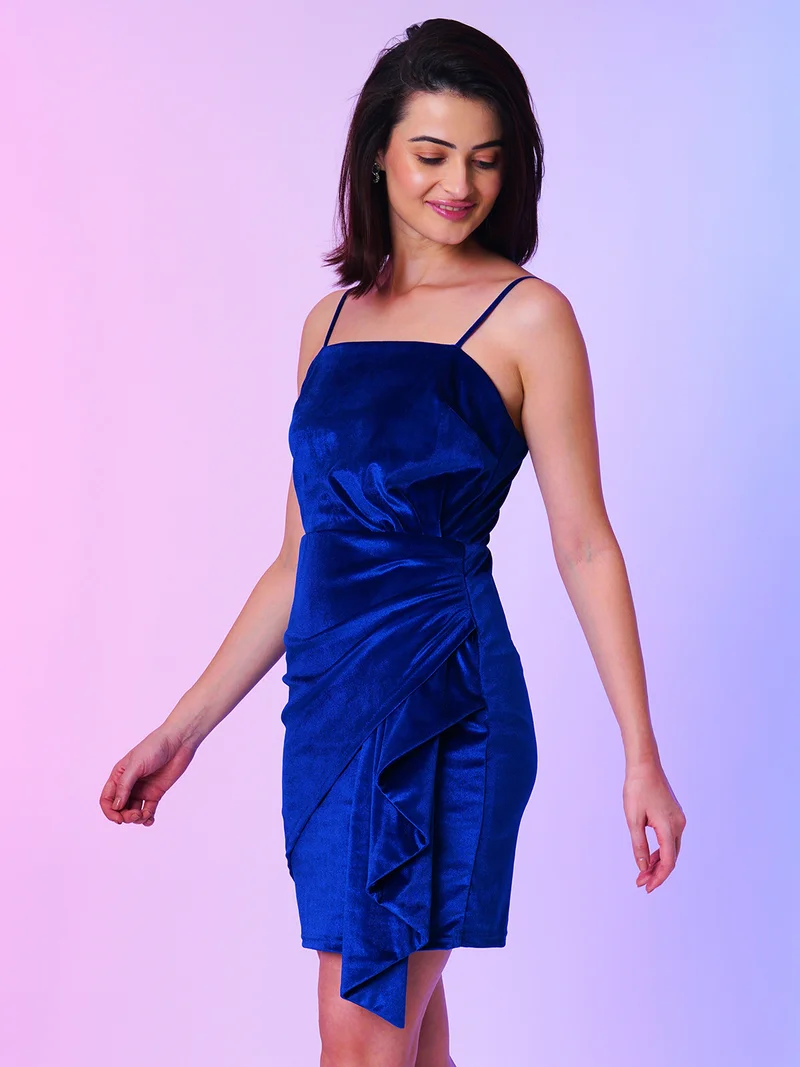globus Women Blue Shoulder Straps Sleeveless Gathered Velvet Bodycon Dress