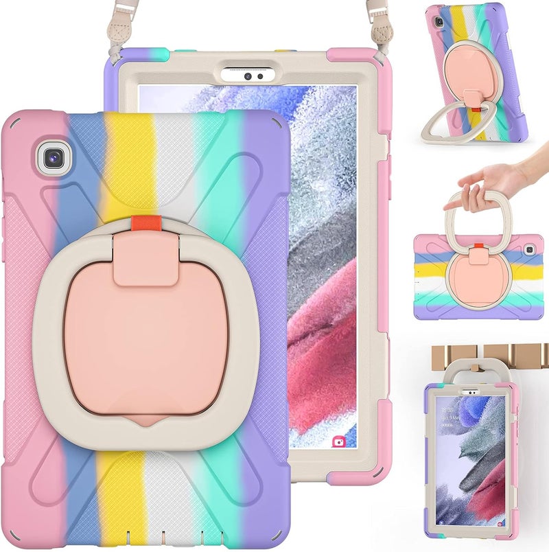 KASTWAVE Case For Samsung Galaxy Tab A7 Lite 8.7" W/Tempered Glass Screen Protector For Kids Girls Women, Silicone Cover With Stable Kickstand, Shoulder Strap Rainbow Pink - Image 1