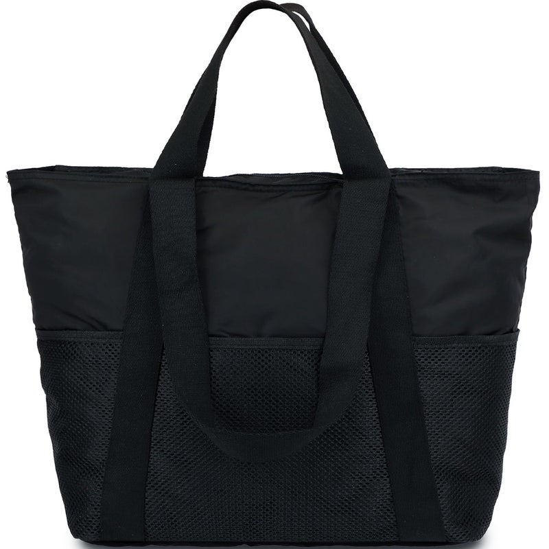Fammart Waterproof Beach Bag for Women, Large Sandproof Gym Tote Bags with Zipper Closure & Mesh Pockets, Pool Travel Cruise & Vacation Essentials Tote, Zipper Closure & Waterproof - Black - Image 1