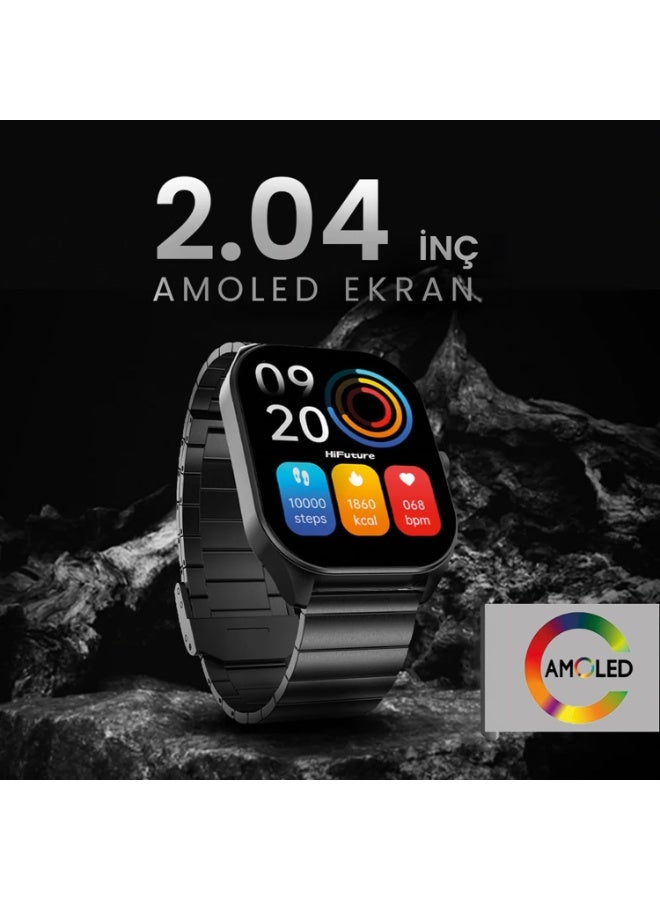 هاي فيوتشر ساعة HiFuture APEX الذكية من الفولاذ المقاوم للصدأ بشاشة AMOLED مقاس 2.04 بوصة، مع مكالمات لاسلكية وتتبع النوم واللياقة البدنية والصحة، وعمر بطارية طويل يصل إلى 15 يومًا، ومقاومة للماء IP67 - لون أسود - Image 5