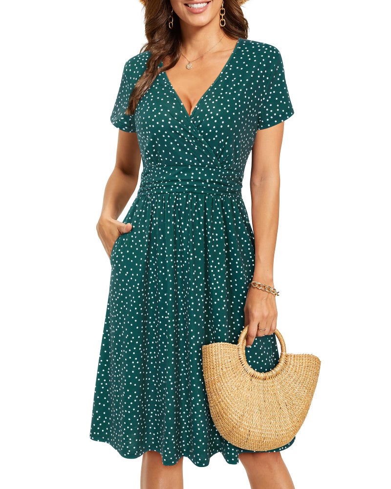 OUGES Casual Spring Summer Dress for Women 2026 Wrap V Neck A Line Midi Party Dresses with Pockets(FloralZ07,M) - Image 2