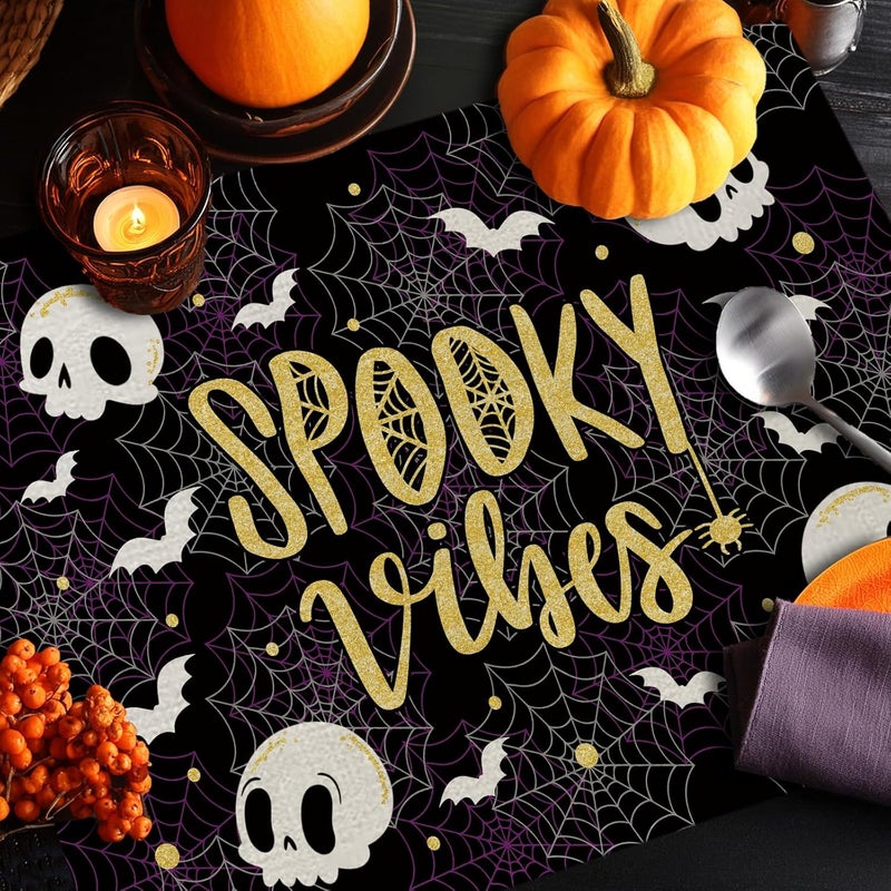 GAGEC Halloween Placemats Skeleton Cobweb Bat Set of 4 Table Mats Spooky Vibes Table Decorations Home Party Kitchen Dining Table Supplies 12x18 Inch - Image 3