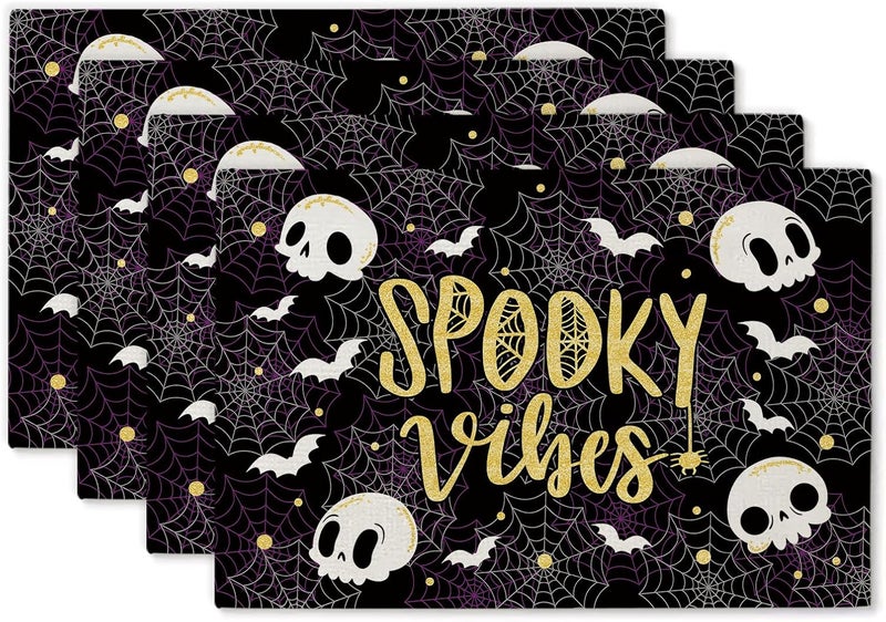 GAGEC Halloween Placemats Skeleton Cobweb Bat Set of 4 Table Mats Spooky Vibes Table Decorations Home Party Kitchen Dining Table Supplies 12x18 Inch - Image 1