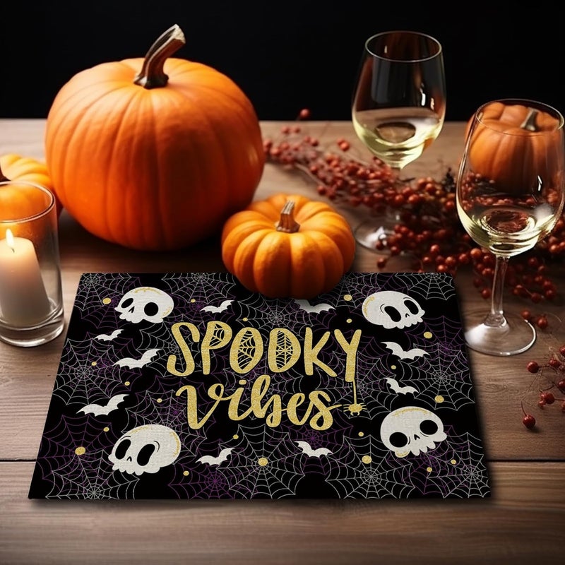 GAGEC Halloween Placemats Skeleton Cobweb Bat Set of 4 Table Mats Spooky Vibes Table Decorations Home Party Kitchen Dining Table Supplies 12x18 Inch - Image 4