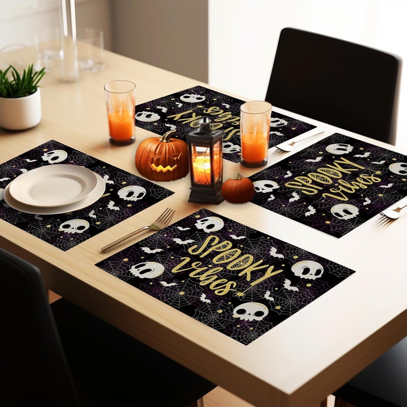 GAGEC Halloween Placemats Skeleton Cobweb Bat Set of 4 Table Mats Spooky Vibes Table Decorations Home Party Kitchen Dining Table Supplies 12x18 Inch - Image 5