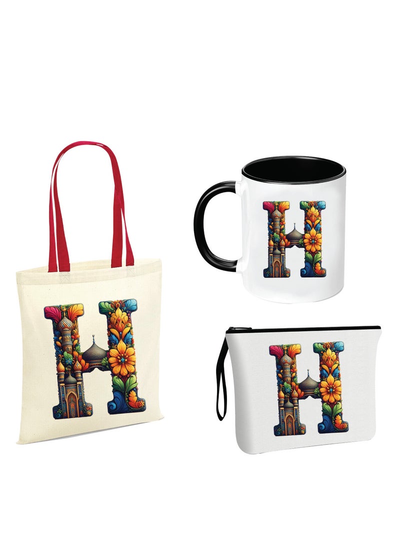 PRINTSHOP4ME Pack of 3 Initial Monogram Gift Set - Black Coffee Mug, Cosmetic Bag and Cotton Tote bag Set - Gift Set for Her - Perfect for Ramadan, School, Travel and Birthday Gift - Image 1