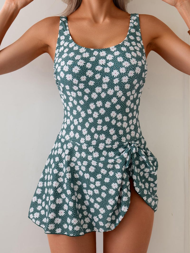 Eomenie One Piece Swimdress Swimsuits for Women Tummy Control Swim Dresses Skirt Bathing Suit Green Floral - Image 2