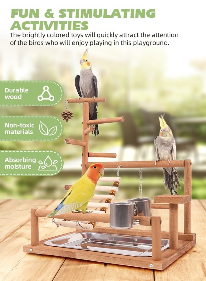 سوفت تاتش ملعب الطيور، مجثمات خشبية طبيعية للطيور، حامل ببغاء، صالة ألعاب رياضية للببغاوات والكونيور والعصافير، مع صينية قابلة للإزالة، سلم وكوبين من الفولاذ المقاوم للصدأ - Image 3