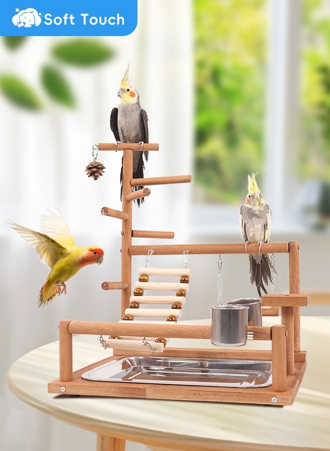 سوفت تاتش ملعب الطيور، مجثمات خشبية طبيعية للطيور، حامل ببغاء، صالة ألعاب رياضية للببغاوات والكونيور والعصافير، مع صينية قابلة للإزالة، سلم وكوبين من الفولاذ المقاوم للصدأ - Image 1