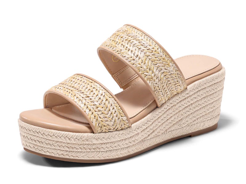 Coutgo Womens Platform Wedge Sandals Espadrille Raffia Heeled Slides Open Toe Two Band Summer Beach Vacation Shoes, Khaki, Size 8 - Image 1