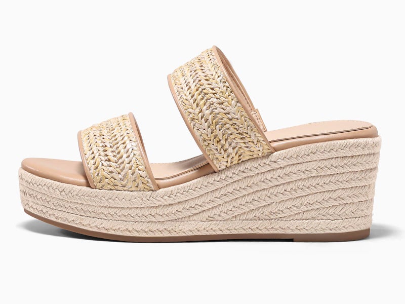 Coutgo Womens Platform Wedge Sandals Espadrille Raffia Heeled Slides Open Toe Two Band Summer Beach Vacation Shoes, Khaki, Size 8 - Image 4