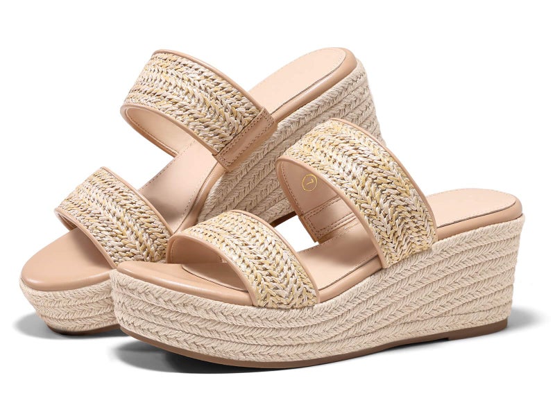 Coutgo Womens Platform Wedge Sandals Espadrille Raffia Heeled Slides Open Toe Two Band Summer Beach Vacation Shoes, Khaki, Size 8 - Image 5